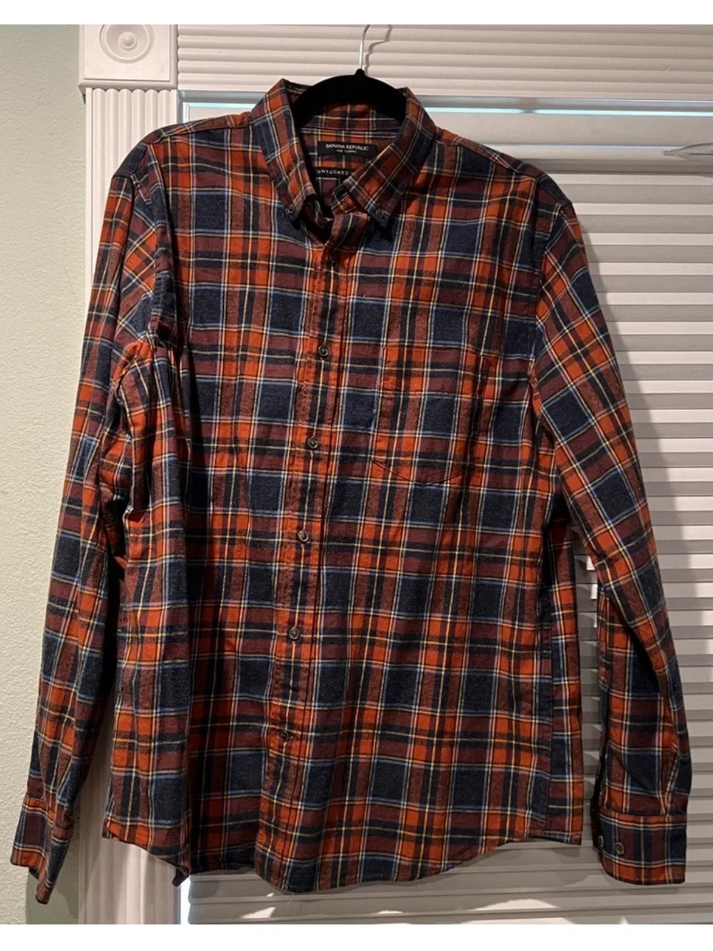 BR M Ultra Soft Navy Orange Untucked Slim Fit Plaid Flannel Shirt